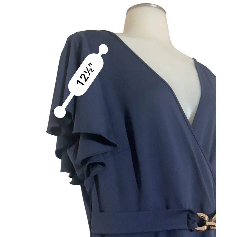 Midi Wrap Dress Women 1XL Navy Blue Good High-Low Ruffle Sleeve Gold Buckle NWOT
